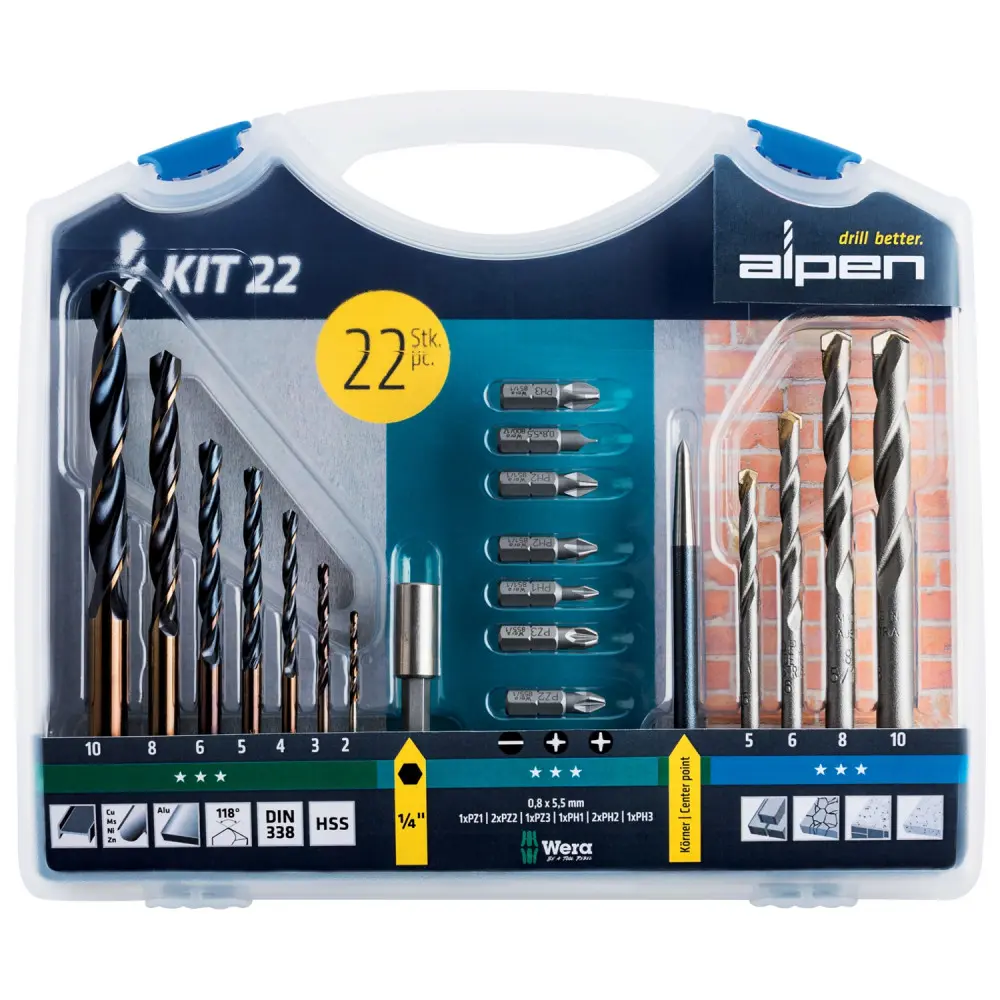 Drill and Screw Driver Bit Set | 22Pc in Carry Case Steel & Masonry